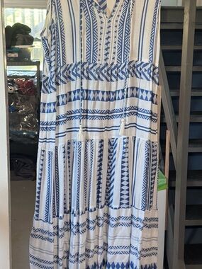 Goa Beachwear Blue and White Sleeveless Tassel Maxi Dress (Beach Coverup)